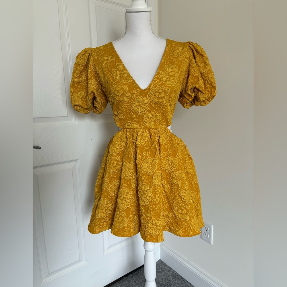 Elegant Mustard Puff Sleeve Mini Dress
